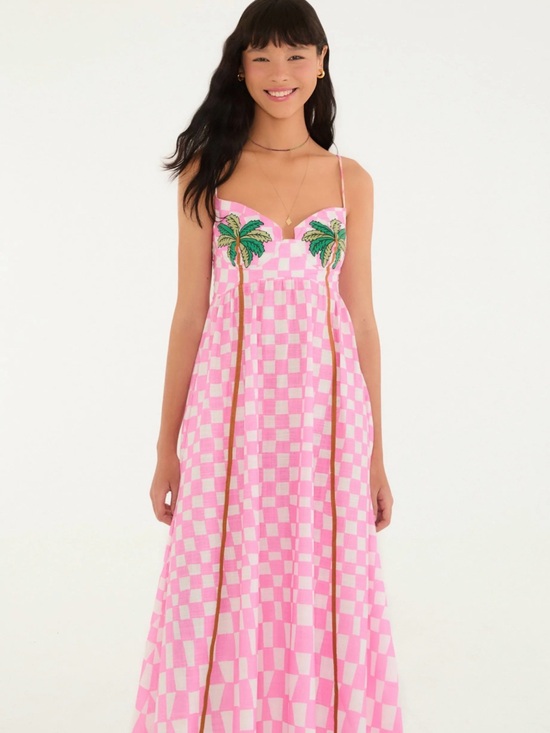 FARM Rio Dresses & Skirts - SOLD FARM Rio Pink White Check Palm-Embroidered Maxi Dress